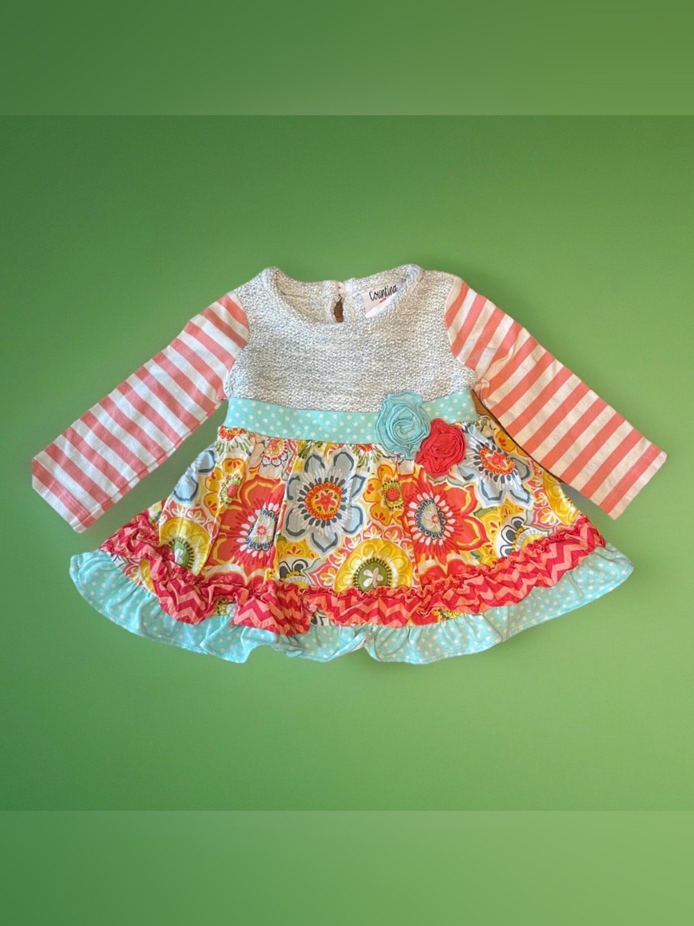 Counting Daisies Baby Girl Mixed Media Floral Ruffle Dress 12M Long Sleeve Boho